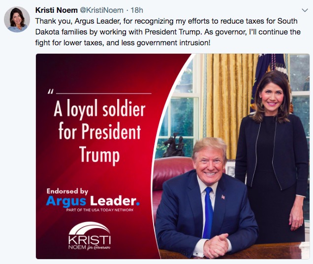 Kristi Noem for Governor, campaign Tweet, 2018.06.03.