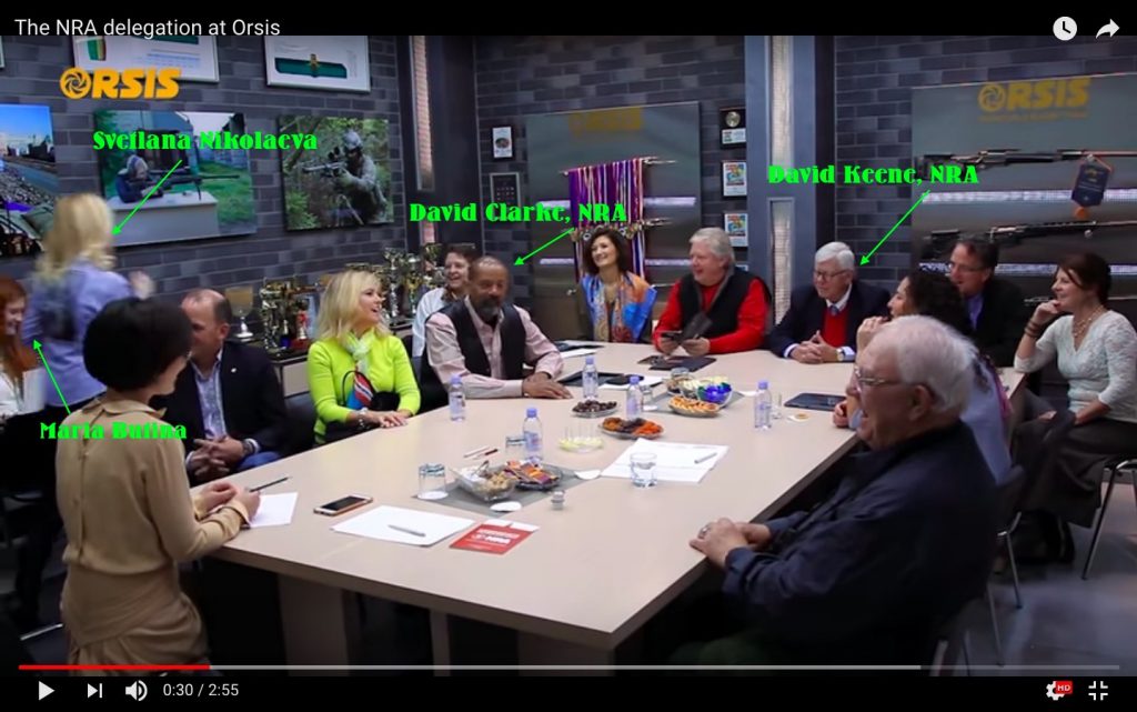 Maria Butina, David Clarke, David Keene, and others at meeting of NRA delegation with Orsis chief Svetlana Nikolaeva at Orsis HQ in Moscow, 2015.12.11, screen cap from Orsis video, posted 2016.01.20.