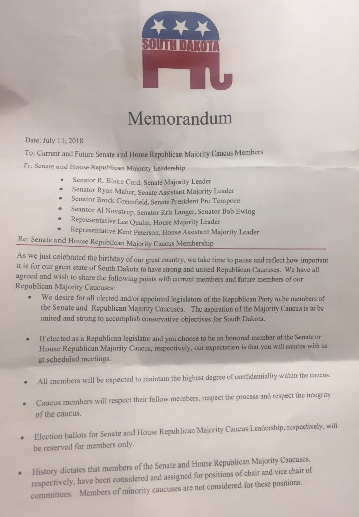 SDGOP Legislative leadership, contract for exclusive membership in Republican Majority Caucus, 2018.07.11, p. 1.