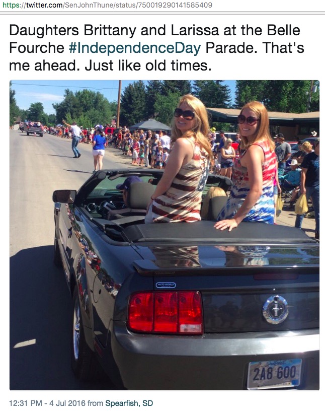 John Thune's daughters riding in an expensive convertible, 2016 July Fourth parade, Belle Fourche, SD; from @SenJohnThune Twitter, 2016.07.04.