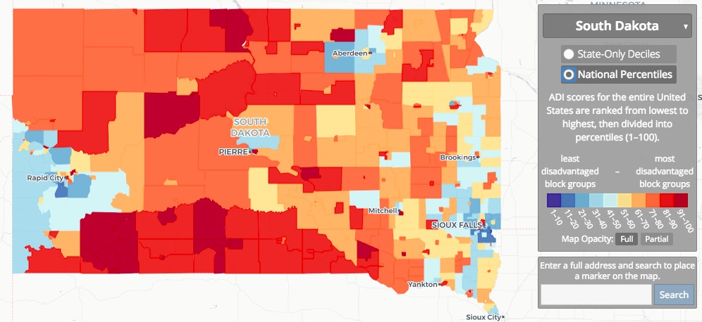 Neighborhood Atlas ADI, South Dakota, national deciles, 2013. Click image for interactive map!