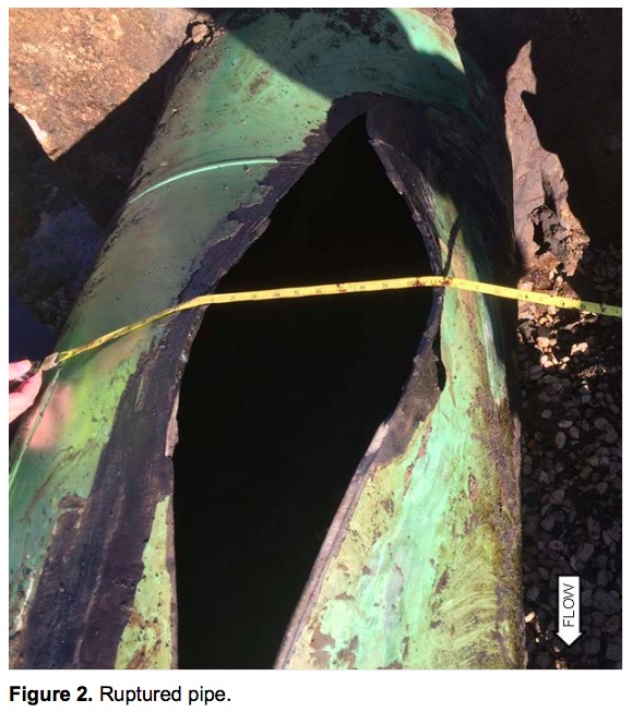 Keystone pipeline, on-site photo of rupture, from NTSB Pipeline Accident Brief, 2018.07.05.