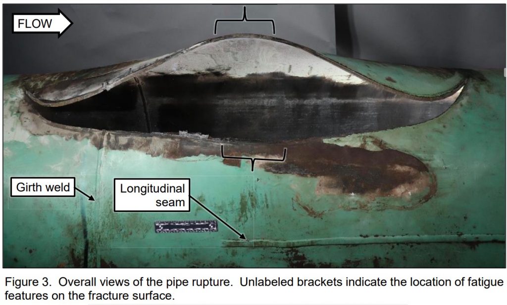 Keystone pipeline rupture, photo from NTSB Materials Laboratory Factual Report No. 18-017, 2018.03.12, p. 13.