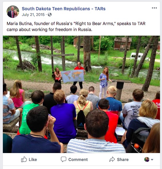South Dakota Teenage Republicans noted Butina's visit to their Black Hills camp on July 21, 2015.