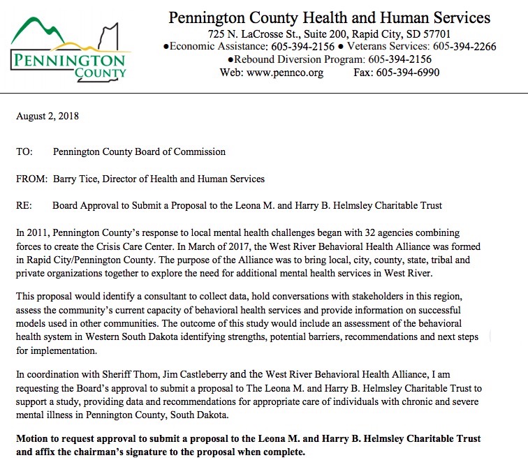 Barry Tice, Pennington County Health and Human Services, proposal to Pennington County Commissioner, agenda packet, 2018.08.07.