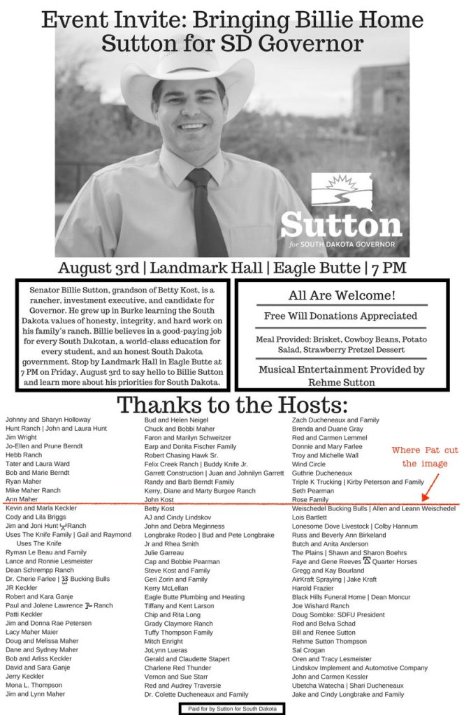 Sutton for Governor, ad for Eagle Butte event, annotated to show SDGOP spin blogs omission, August 2018.