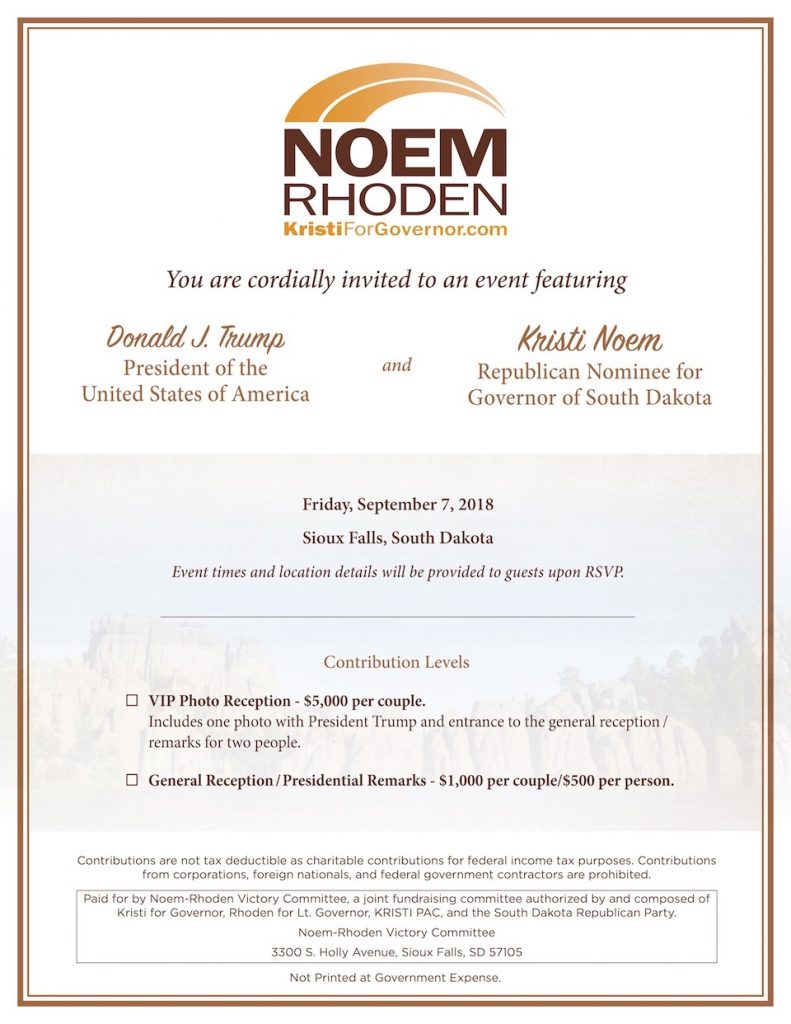 Invitation to Trump reception for Noem, distributed by SDGOP 2018.08.30.