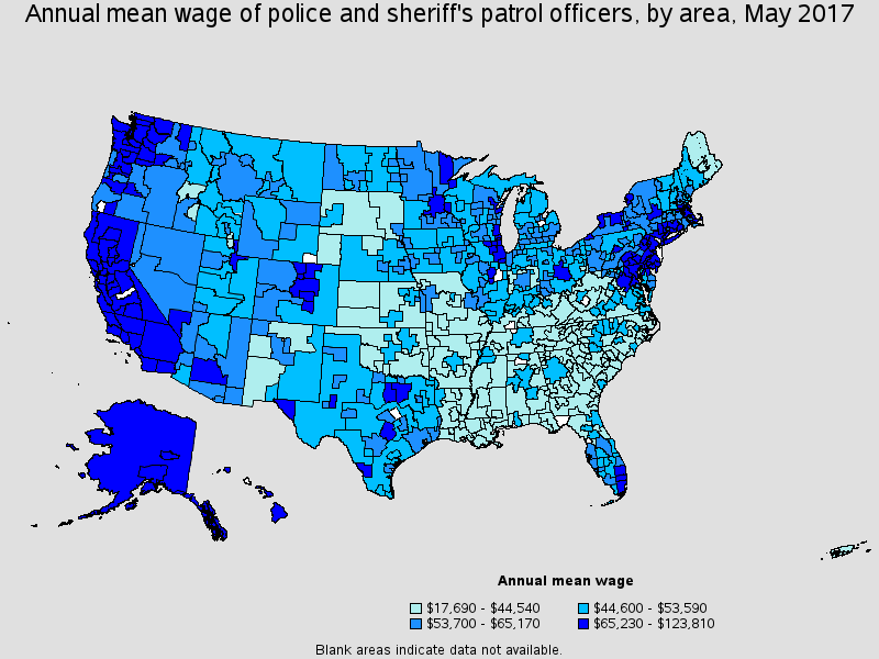 Bureau of Labor and Statistics, Annual mean wage of police and sheriff's patrol officers, May 2017.