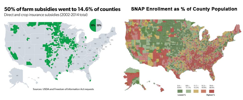 "The farm bill puts money into congressional districts in many ways, but the two largest are farm payments and SNAP (formerly known as the Food Stamp program). In the Upper Midwest, some counties that historically receive above-average farm payments (green counties in left-hand map) have below-average rate of SNAP usage (green counties on right-hand map). The Mississippi Delta region has both above-average farm payments (green counties on left) and above-average SNAP usage (red counties on right). (Sources -- LEFT: Marketwatch from FOIA requests. RIGHT: Daily Yonder/USDA Economic Research Service)"