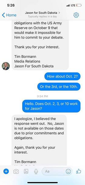 LC Dems chair Brooke Abdallah and Ravnsborg campaign rep Tim Bormann, Facebook conversation, Aug 29–31, 2018.