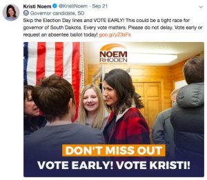 Kristi Noem, campaign Tweet, 2018.09.21.