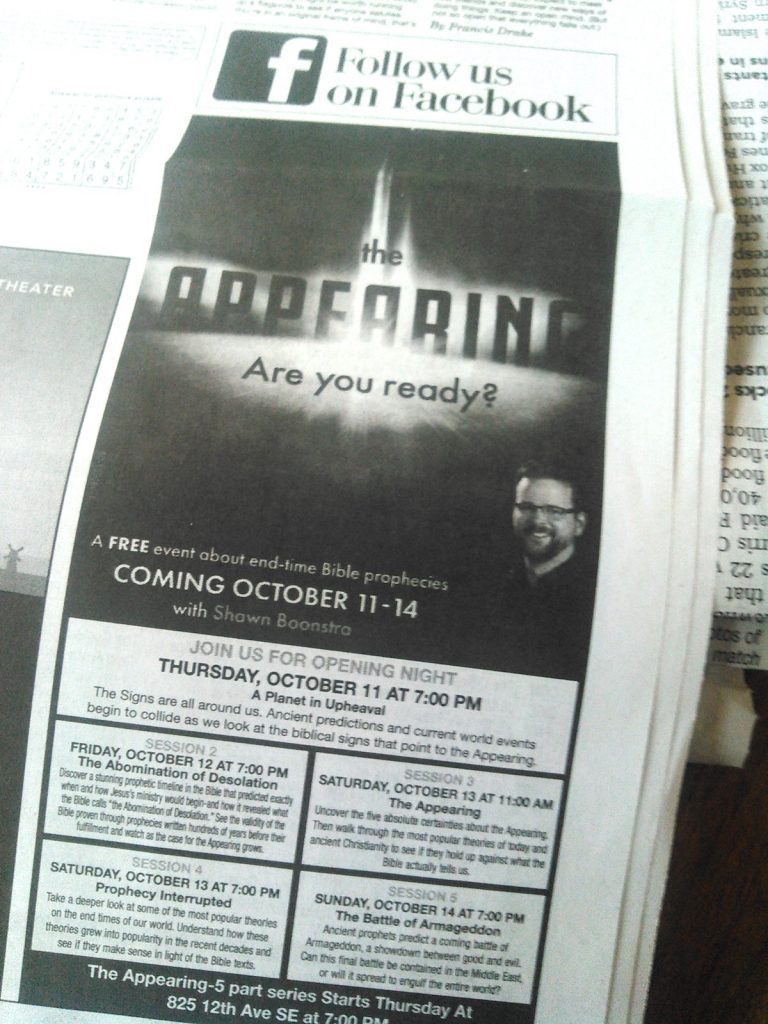 Ad for "The Appearing," Aberdeen American News, 2018.10.14.