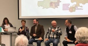 Following Dr. Erin Fouberg's (standing, left) lecture, Rep. Susan Wismer, Doug Sombke, H. Paul Dennert, and Cory Allen Heidelberger took questions on South Dakota's redistricting process. Photo by Betty Sheldon, posted to Facebook, 2018.10.02.