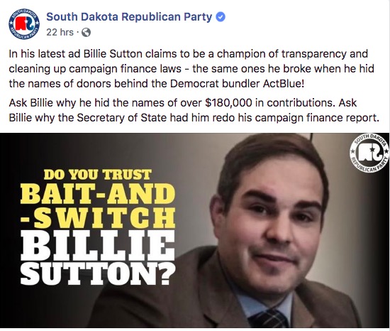 South Dakota Republican Party, false Facebook attack on Billie Sutton, 2018.10.03.
