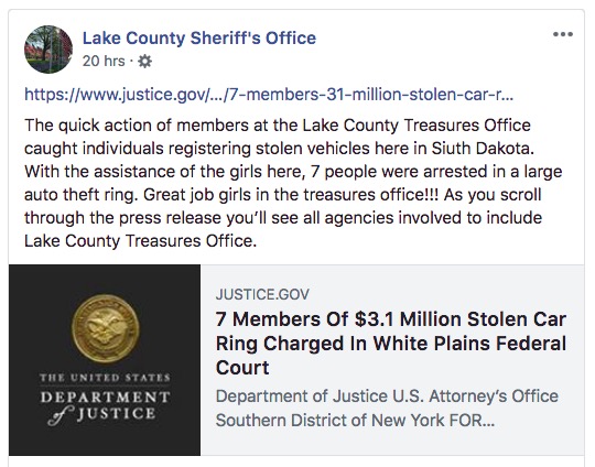 Lake County Sheriff's Office, Facebook post, 2018.11.09.