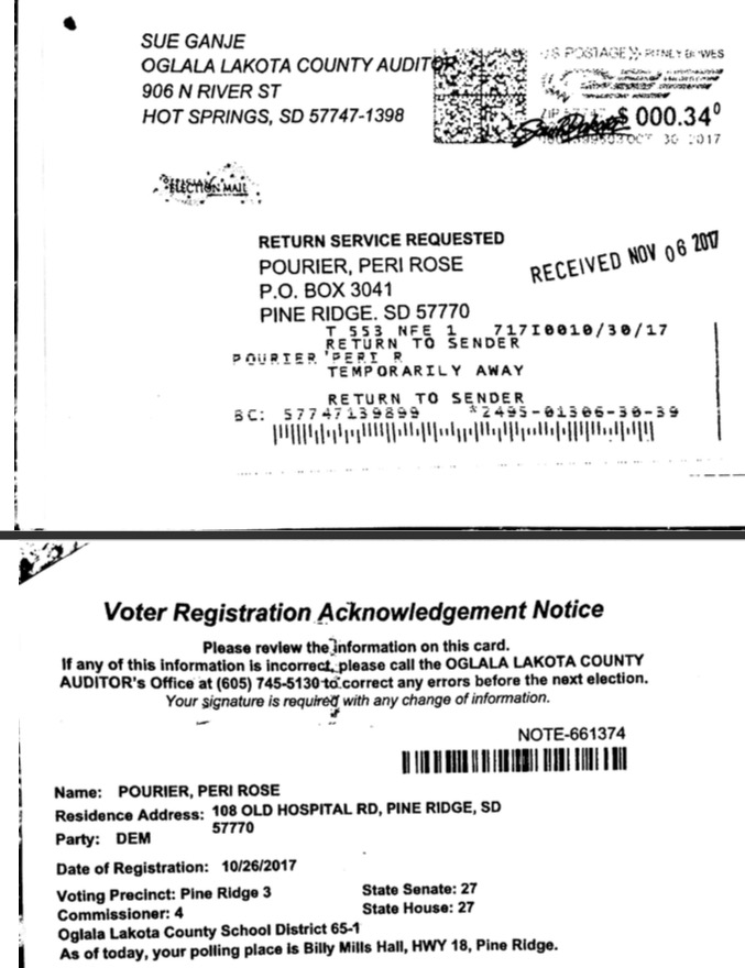 Voter registration acknowledgment notice, sent from Sue Ganje to Peri Pourier 2017.10.30, returned and received 2017.11.07.