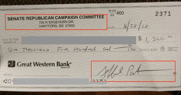 Senate Republican Campaign Committee, check signed by "treasurer" Jeff Partridge, 2018.08.28.