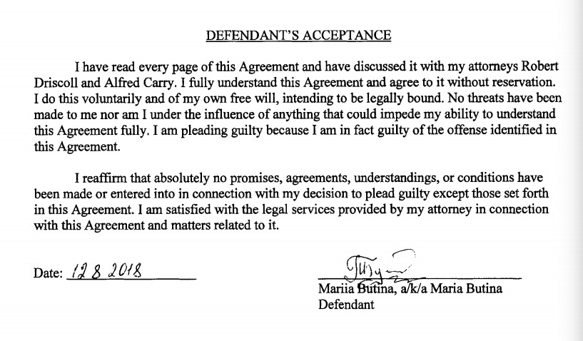 Maria Butina signature on plea agreement, dated 2018.12.08.