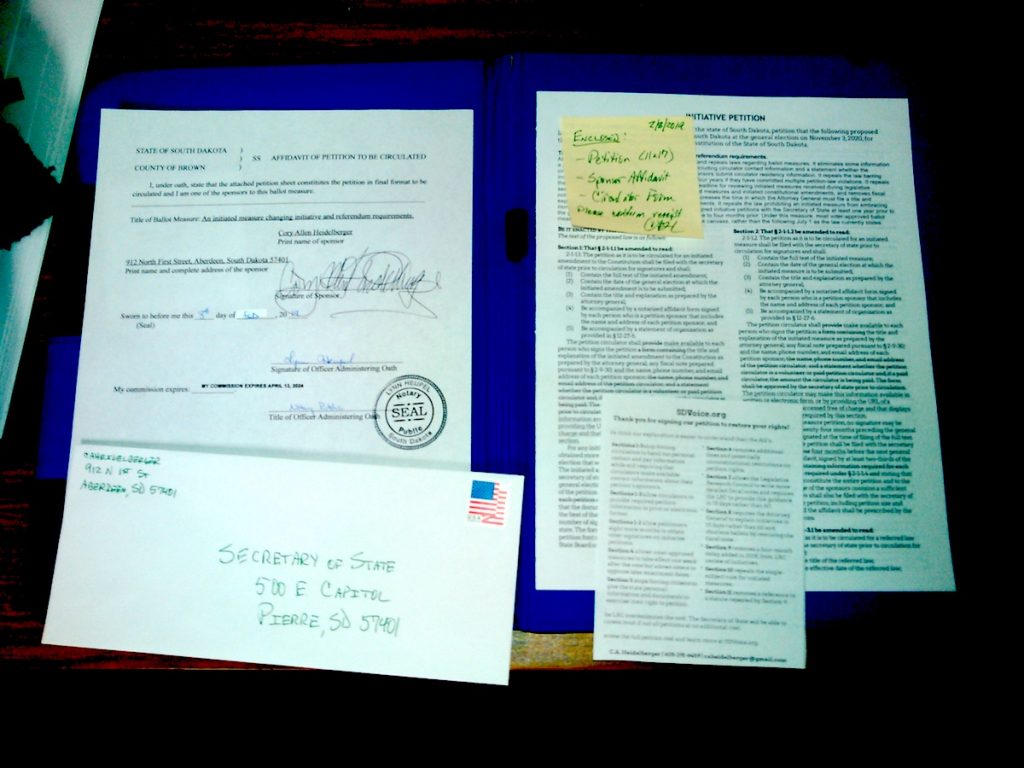 Sponsor affidavit, envelope, petition, and circulator form, mailed to South Dakota Secretary of State 2019.02.08
