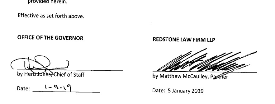Signatures of Noem chief of staff Herb Jones, January 9, and Noem transition team leader, lobbyist, and private lawyer Matt McCaulley, January 5, SD state contract #19-0102-002.