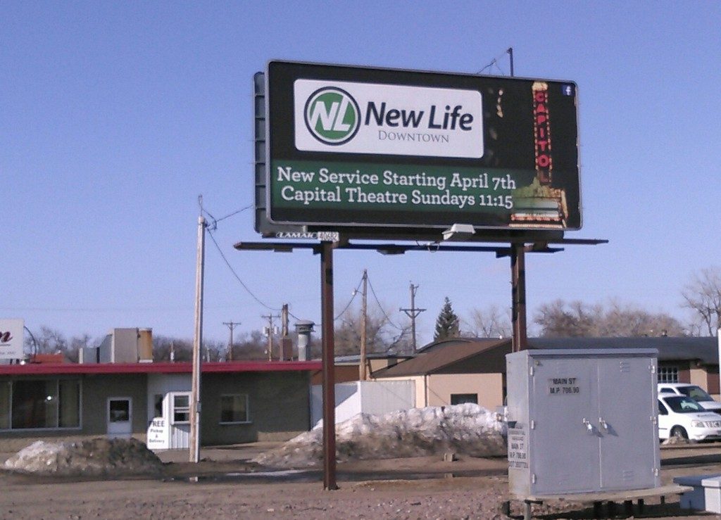 Billboard for New Life downtown services, North Main Street, Aberdeen, SD, 2019.03.29.