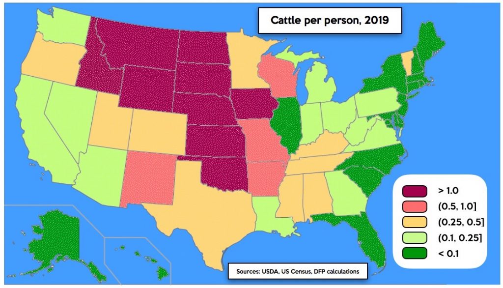 Map of cattle per person by state, 2019 data