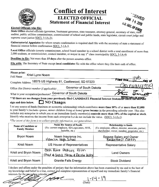 Here's the last one we get from Kristi until 2022. Elected Official Statement of Financial Interest, filed 2019.01.10.