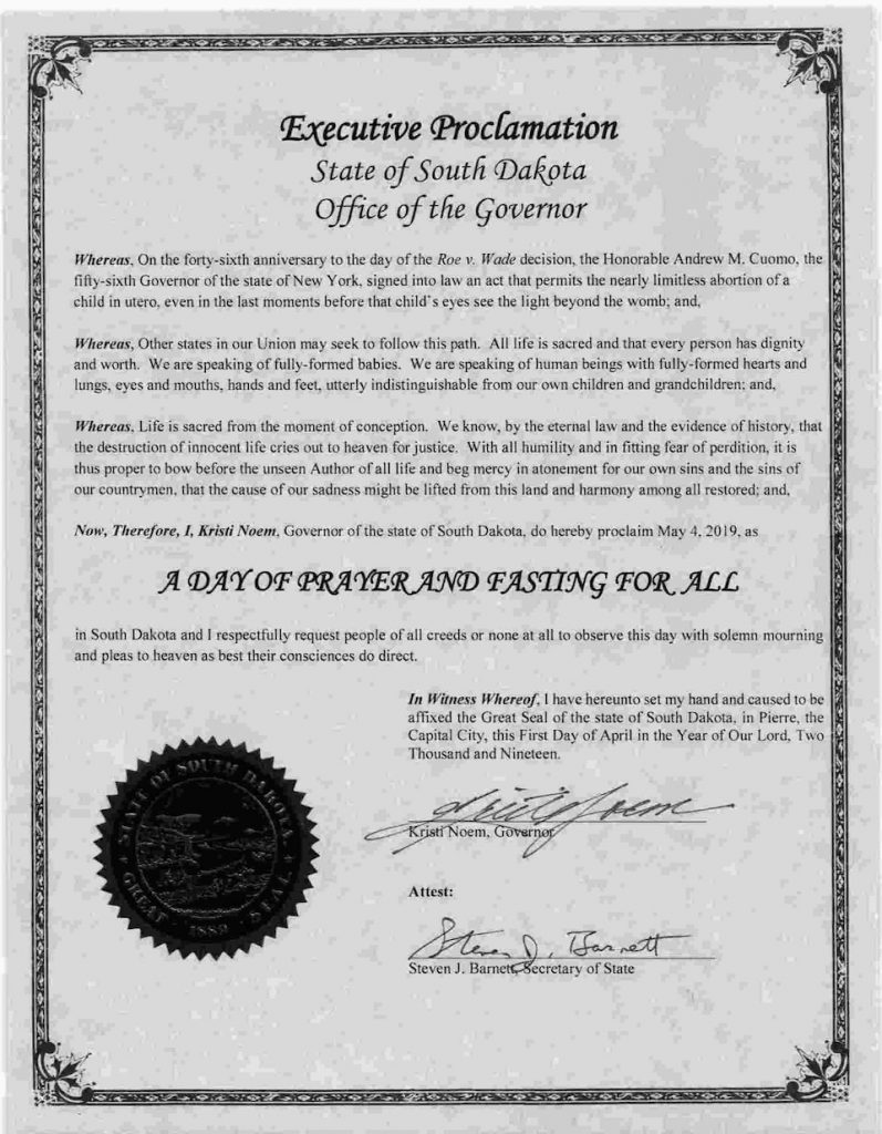 Governor Kristi Noem, official proclamation of "A Day of Prayer and Fasting," signed 2019.04.01.