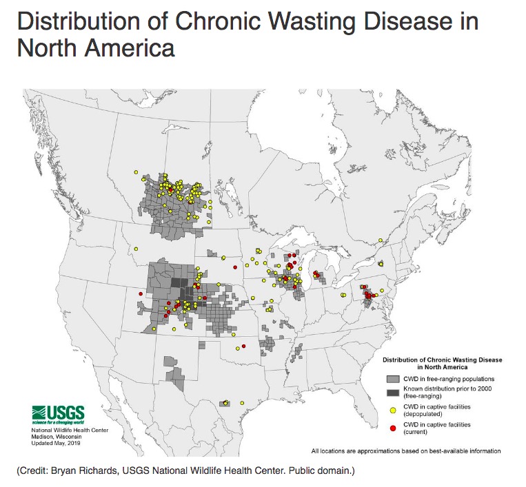 Bryan Richards, "Distribution of Chronic Wasting Disease in North America," USGS National Wildlife Health Center, updated May 2019.