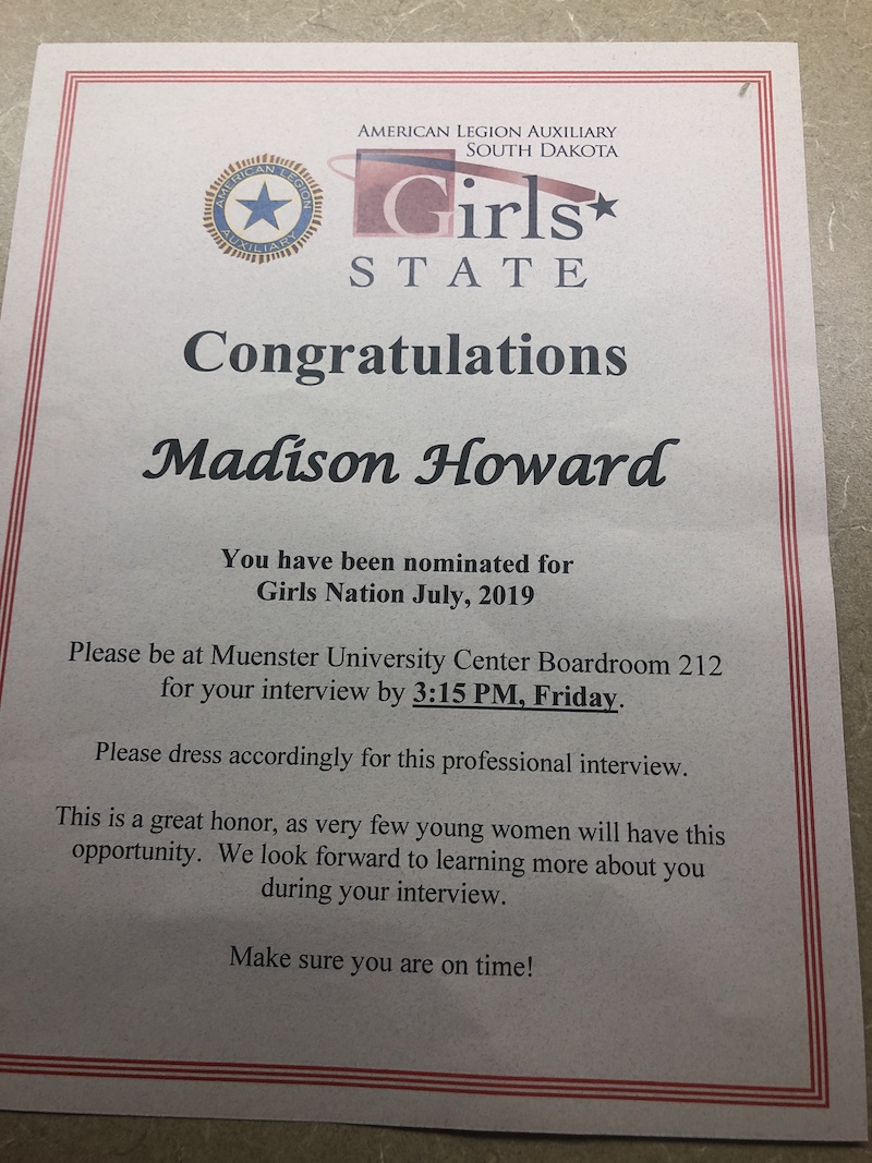 Girls Nation Certificate, issued to Madison Howard 2019.05.30, retracted before interview.