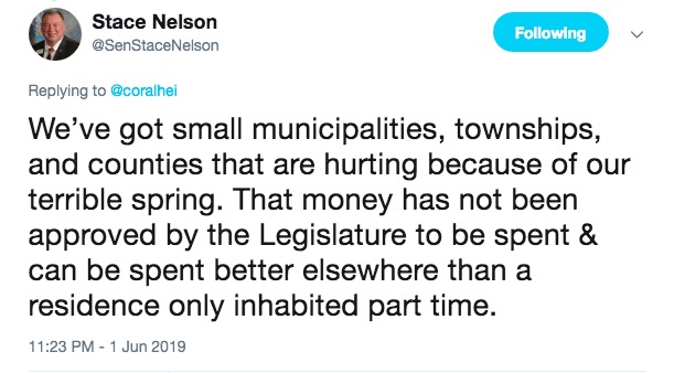 Senator Stace Nelson, tweet, 2019.06.01.