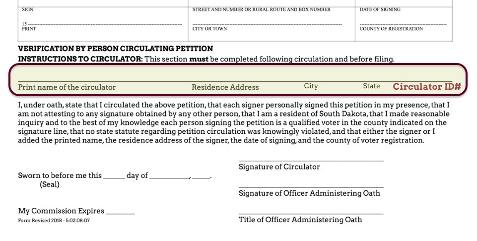 Proposed placement of circulator ID number at end of ballot question petition, next to other circulator info.