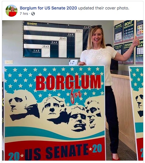 Borglum for US Senate 2020, Facebook page screencap, posted apparently after midnight to ensure she can't be considered a candidate until July and thus won't have to file any FEC campaign finance info until October.