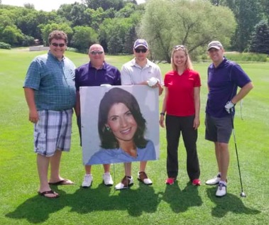 How can she be a Democratic infiltrator? She went golfing with Caleb Finck and a giant picture of Kristi Noem at a House GOP fundraiser on June 22! From Scyller Borglum, FB, 2019.06.22.