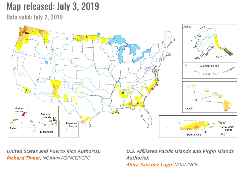 UNL: National Drought Mitigation Center, United State Drought Monitor Map as of July 2, 2019, issued 2019.07.03.