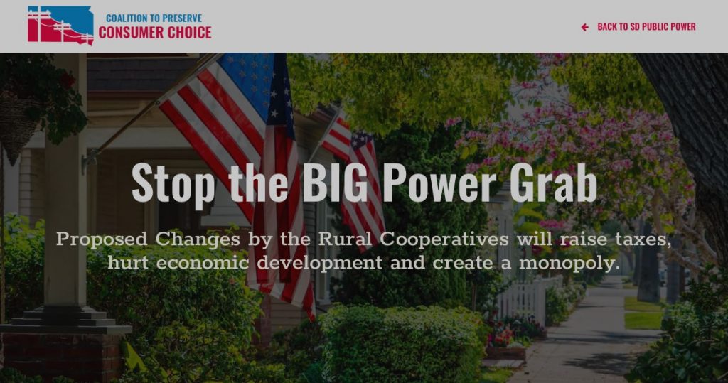 Forget the barren, lonely prairie: come live in town where patriots get their power from government! (SD Public Power, anti-rural co-op propaganda webpage, screen cap, 2019.07.23.)