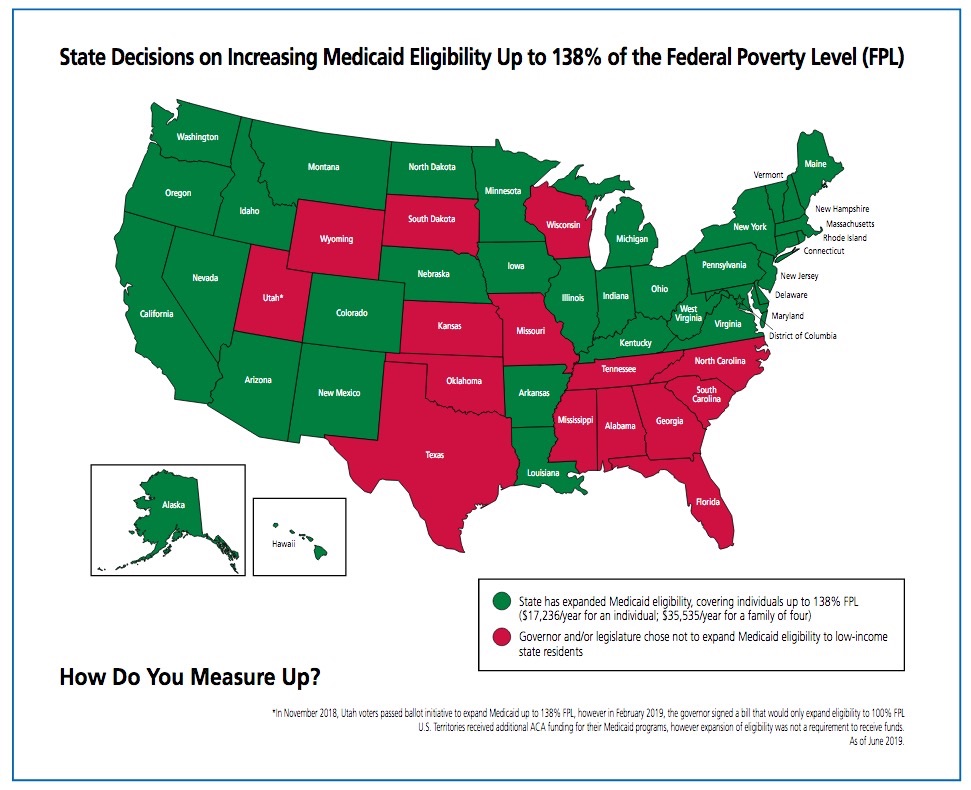 Medicaid Expansion by State, in "How Do You Measure Up?" American Cancer Society, released 2019.08.01, p. 9.