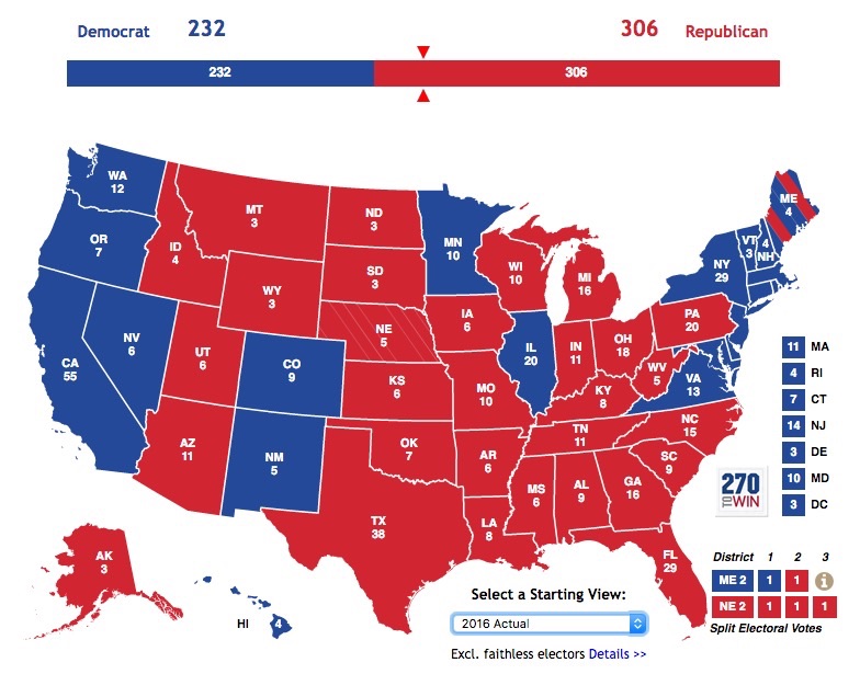 Electoral College, 2016 Results, from 270towin.com, downloaded 2019.08.07.