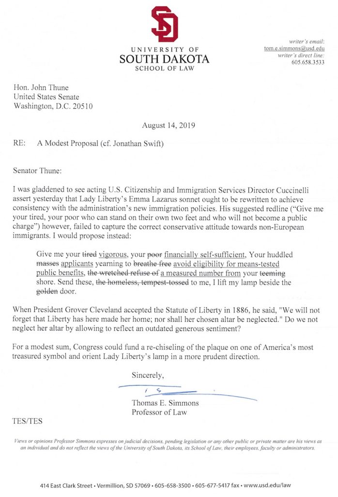 Prof. Tom Simmons, letter to Sen. John Thune, 2019.08.14.