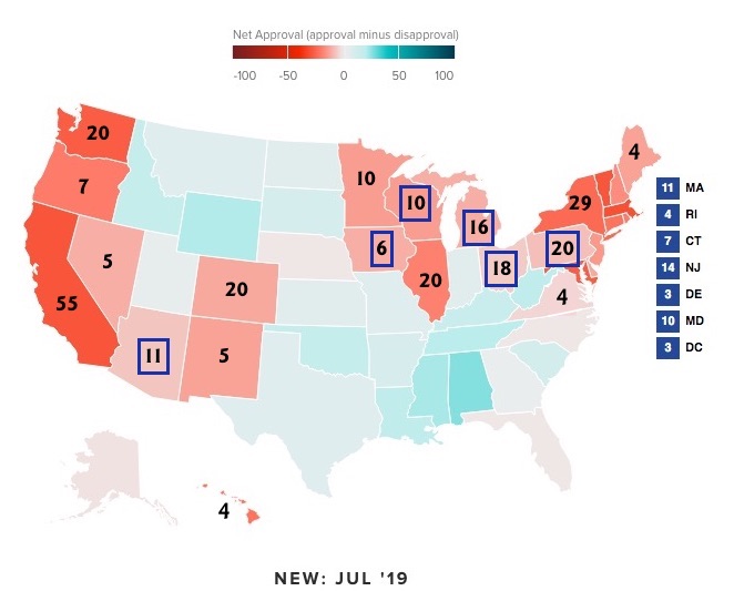 Trump approval by state, as measured by Morning Consult, July 2019, with Electoral College votes superimposed on states disapproving by 4 points or more.