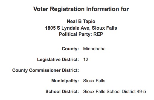 SD Voter Information Portal, entry for Neal Tapio, retrieved 2019.09.20