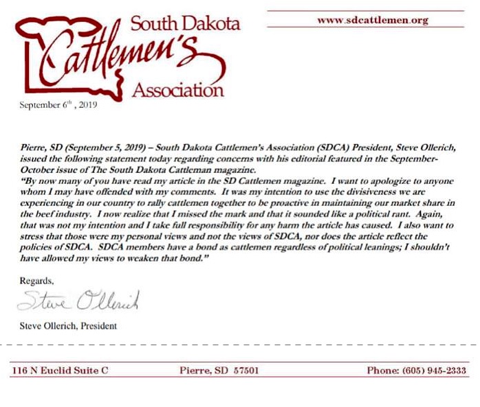 South Dakota Cattlemen's Association, apology from president Steve Ollerich, 2019.09.06