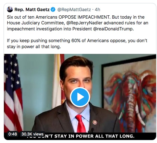 US Rep. Mat Gaetz (R-FL), retweeted by Sen. Stace Nelson (R-19/Fulton), 2019.09.12
