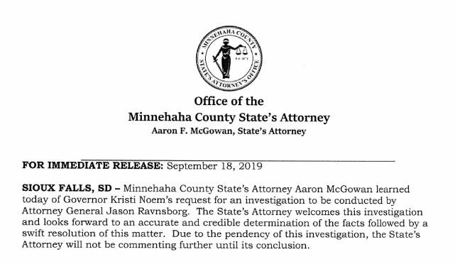 Minnehaha County State's Attorney's Office, press release, 2019.09.18.