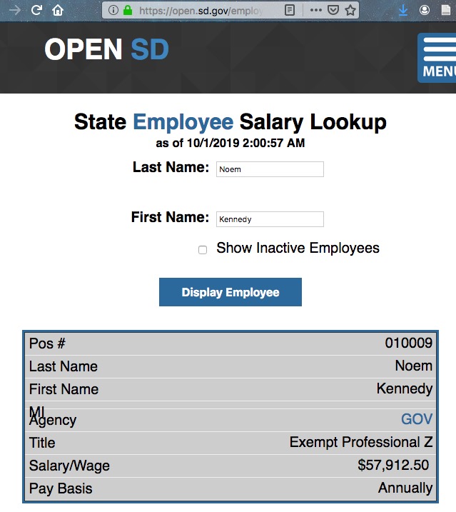 Open.SD.Gov, entry for state employee Kennedy Noem, 2019.10.01.