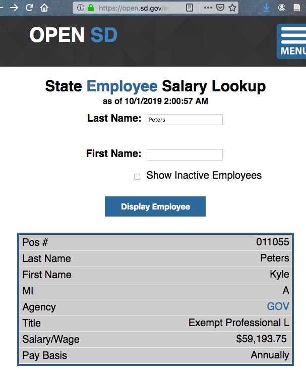 State employee Kyle Peters, salary report, Open.SD.Gov, 2019.10.01.
