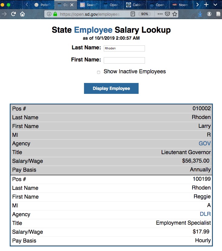 Open.SD.Gov, payroll reports for state employees Larry and Reggie Rhoden, 2019.10.01.