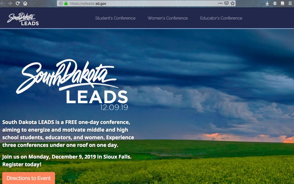 Nothing says "This will be fun!" better than an empty plain offering no shelter from the looming dark storm clouds. Screen cap from "South Dakota Leads" tri-conference website, 2019.11.05.