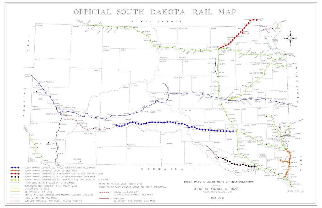 South Dakota rail map—state-owned rail lines marked with diamonds to represent the wealth that can be yours!