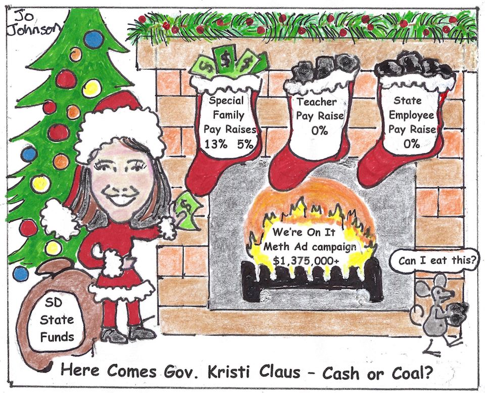 Here Comes Governor Kristi Claus — Cash or Coal? Cartoon by Jo Johnson, December 2019.
